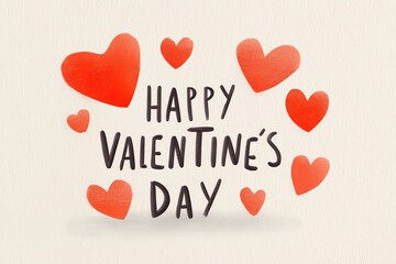 Happy Valentine's Day greeting. Handwritten text in dark brown surrounded by cute red hearts on a textured paper background