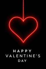 Happy Valentine's Day text with a glowing red neon heart shape hanging from above on a black background. Romantic holiday card concept