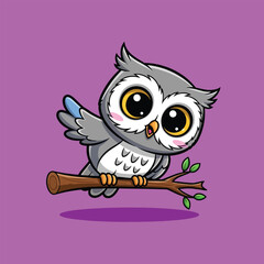 Obraz premium Cute cartoon owl perching on a tree branch illustration.