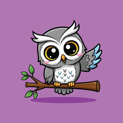 Obraz premium Cute Cartoon Owl Waving on a Branch.