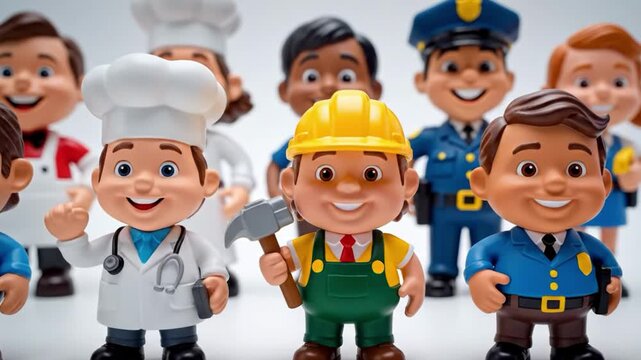 Group of diverse cartoon characters in various professions on white background
