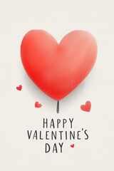 Happy Valentine's Day greeting card with a large red heart balloon and smaller hearts on a textured background. Cute romantic illustration for February 14th