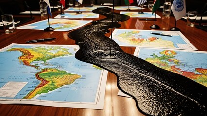 Conference table setup with detailed maps of the Americas and an artistic black river outline centerpiece