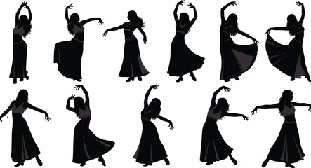 Flamenco dancer silhouettes collection, elegant Spanish dance poses, traditional cultural performance, graceful movement, black female dancer illustration set
