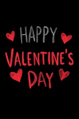 Festive illustration with the text Happy Valentine's Day in a sketchy, handwritten font. The text is in red and white with drawn hearts against a black background