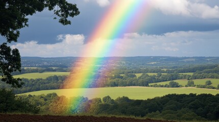 A vibrant rainbow arches across a vast cleared storm sky over rolling green countryside hills