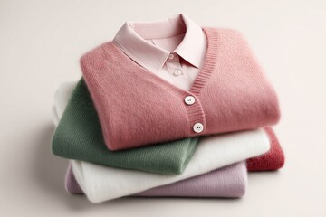 Neatly stacked colorful folded sweaters and a pink collared shirt on a light background. Concept of cozy clothing, fashion, and textile