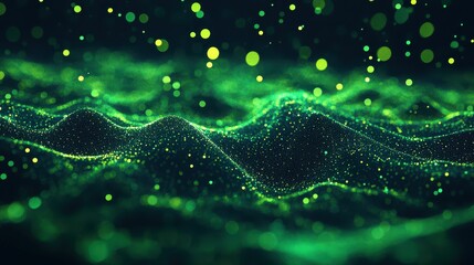 Abstract glowing green particles forming luminous wavy pathways with bright lights and bokeh effects in a digital futuristic background