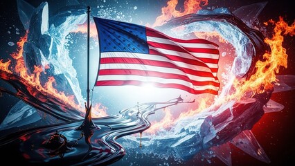 American Flag Surrounded by Flames and Ice in a Dramatic Digital Composition
