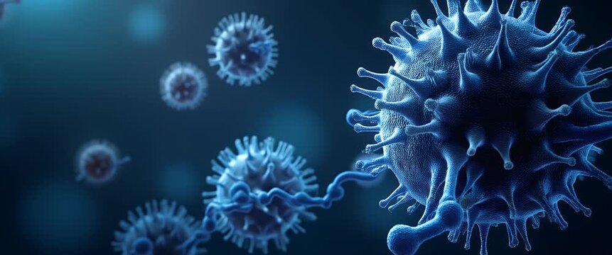 Microscopic viruses gently rotate in a cinematic, realistic scene with slow camera pan and ambient light flicker, ideal for health and science stock video needs.