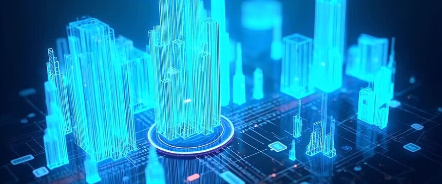 Futuristic cityscape emerges in a glowing digital network, with virtual skyscrapers pulsating rhythmically; camera pans slowly across a cinematic, high-tech landscape.