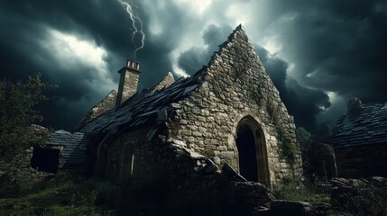 An ancient crumbling stone building with a gothic archway stands under a dramatic stormy sky with lightning