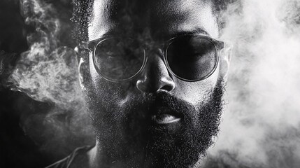 A bearded man in sunglasses is shrouded in smoke against a black and white backdrop, exuding an air of mystery and chaos.