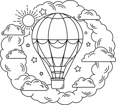 Whimsical hot air balloon outline illustration surrounded by clouds, stars, and sun elements for dreamy sky-themed designs