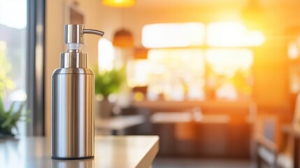 Close up of a brushed stainless steel hand sanitizer dispenser with a pump mechanism on a countertop bathed in warm sunlight with a blurred background