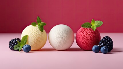 Obraz premium Bright and Colorful Ice Cream Scoops Garnished with Fresh Mint and Berries on a Pink Background Perfect for Summer Treats and Desserts