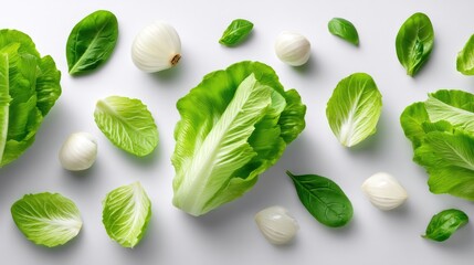 Obraz premium Fresh and Vibrant Green Leaves with White Onions Arranged on White Background Ideal for Healthy Cooking or Nutrition Lifestyle Concept