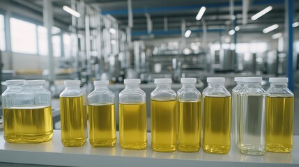 Bottles of cooking oil lined up in a factory