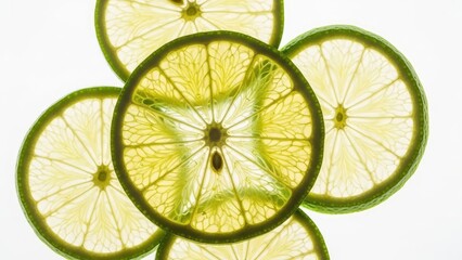 Five translucent green lime slices glowing on a white background