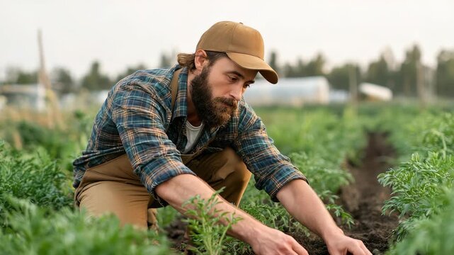 A focused man works attentively in a thriving vegetable field, surrounded by healthy plants and natural light. The image captures modern farming, eco friendly cultivation, and rural lifestyle trends