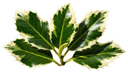 Glossy variegated green and white holly leaves with sharp edges