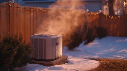 A quiet suburban heat-pump unit working efficiently in subzero temperatures, steam rising from vents as homeowners embrace sustainable winter heating technology. cinematic color correction, natural