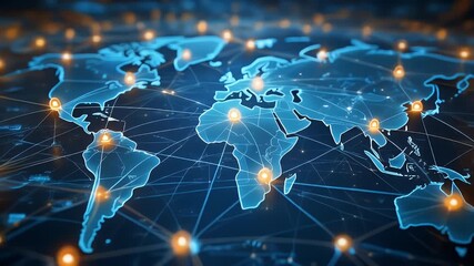 A digital representation of Earth with continents illuminated in blue, interconnected by white lines and glowing nodes, suggesting data flow - Powered by Adobe