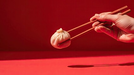 Hand holds a single, delicate dumpling with chopsticks against red