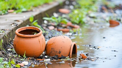 Broken terracotta pots and scattered plant debris in shallow water