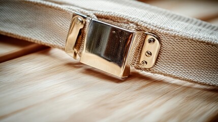 Close up of a shiny metal buckle attached to a durable tan webbing strap resting on a wooden surface