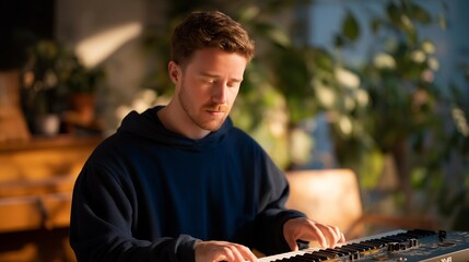A film scorer using a 61-key MIDI keyboard to shape emotional themes, virtual instruments responding with cinematic depth inside a sleek modern studio. cinematic color correction, natural uneven