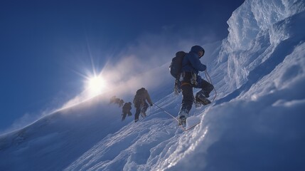 A mountain expedition team ascending a steep ice face with crampons and ropes, sunlight flaring off glacial walls as wind roars &mdash; alpine climbing, extreme environments, and high-altitude adventure.