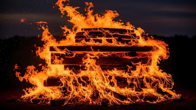 Burning wood bonfire and intense heat. Fire safety and outdoor camping energy. Large pile of lumber logs engulfed in bright orange flames at night