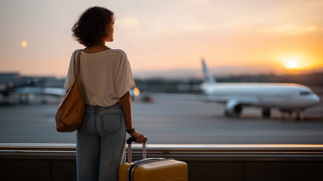 A traveler standing at the airport window watching their plane taxi into position, suitcase by their side as soft sunrise light symbolizes a bittersweet departure and new beginnings. cinematic