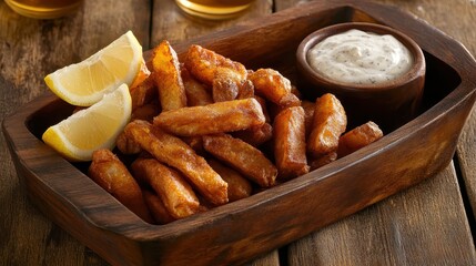 Close up of British fish and chips with tartar sauce on tray