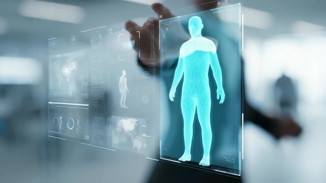 A person interacts with a transparent screen showing a virtual human body and advanced medical information. Modern digital solutions revolutionize medicine, diagnostics, and scientific visualization