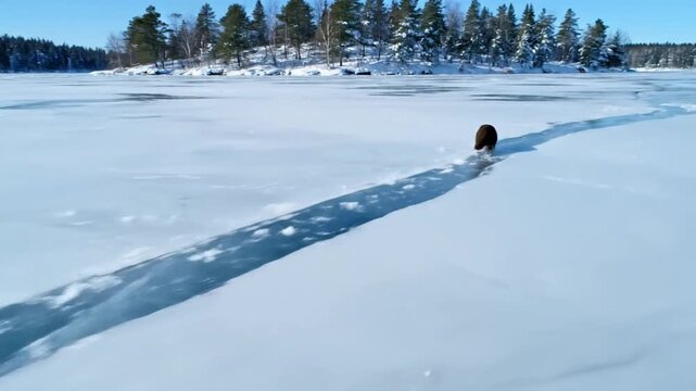 The groundhog swims through a long, open crack in the icy surface of a frozen lake, heading toward the snowy, pine-covered island shore under a clear winter sky.
