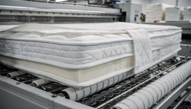 Medium shot capturing the flow of layered textiles being fed into quilting machines emphasizing the texture and durability of foam and spring core mattress covers in production.