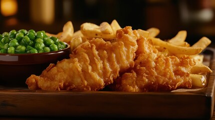 Close up of delicious fried fish and chips on a tray