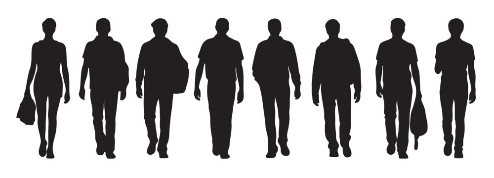 eight black silhouettes of people walking carrying bags and