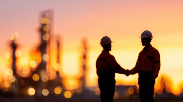 Workers shake hands at sunset near an industrial site in the evening