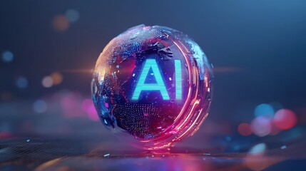 A futuristic globe with glowing "AI" text, surrounded by vibrant colors and digital elements, representing artificial intelligence and technology.