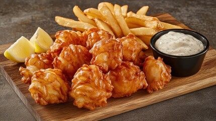 Close Up Shot of Crispy Fish and Chips on Wooden Board