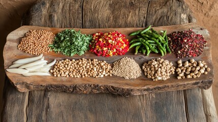 Colorful Array of Fresh Ingredients Arranged on Wooden Board