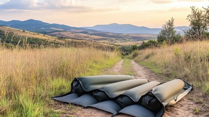 Deflated and folded green water bladders are stacked on the ground with a dirt path leading through a grassy, hilly landscape under a cloudy sky