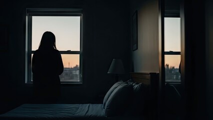 Person silhouette looks from window at dawn/dusk light in dark room