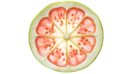 Vibrant pink guava slice isolated on white background