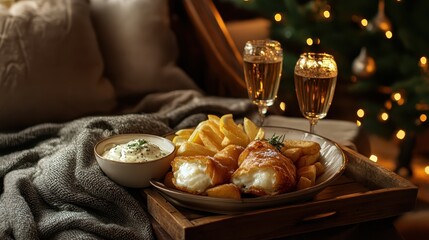 Delicious Fish and Chips meal served on a rustic wooden tray