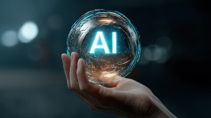 A hand holds a glowing sphere displaying "AI," symbolizing the fusion of technology and human interaction in a digital age.
