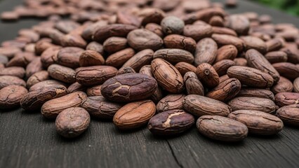 Obraz premium Pile of textured, raw cacao beans scattered on dark wood